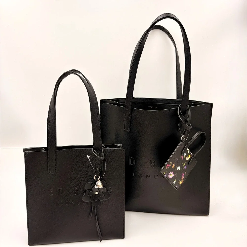 Ted Baker London Black Icon Tote Bag Set Large Shopper Small Tote Flower Charm